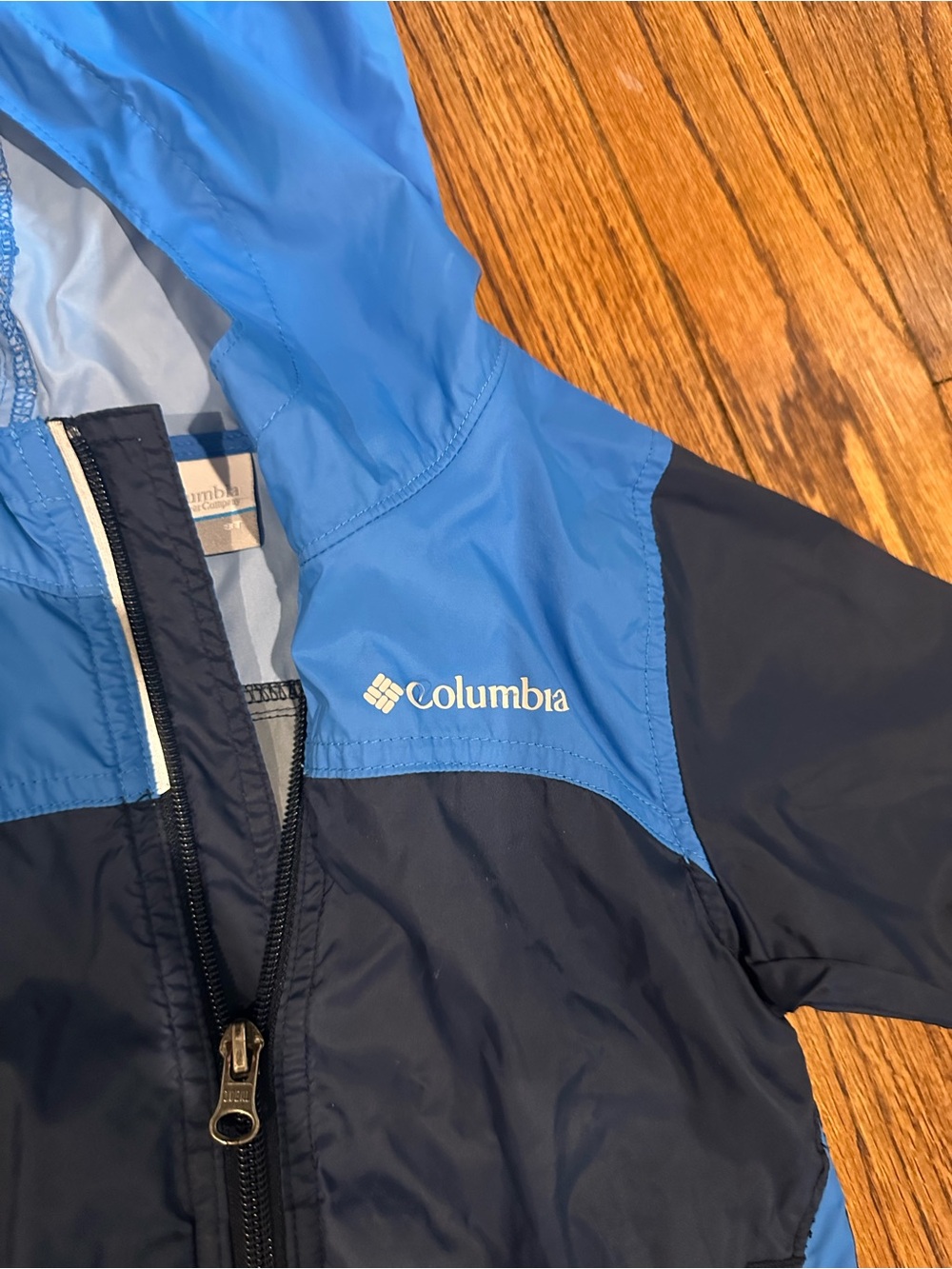 Columbia Blue and Navy Hooded Rain Jacket